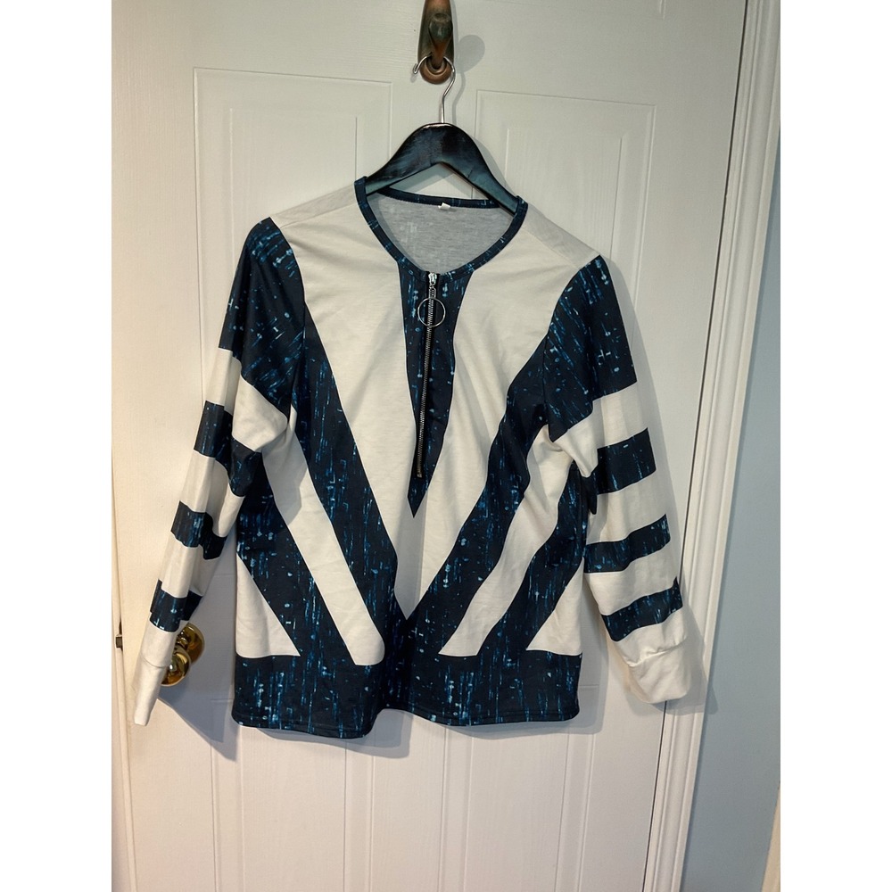 Unbranded Half Zip Pullover Womens Large Blue White Excellent Chevron Stripe